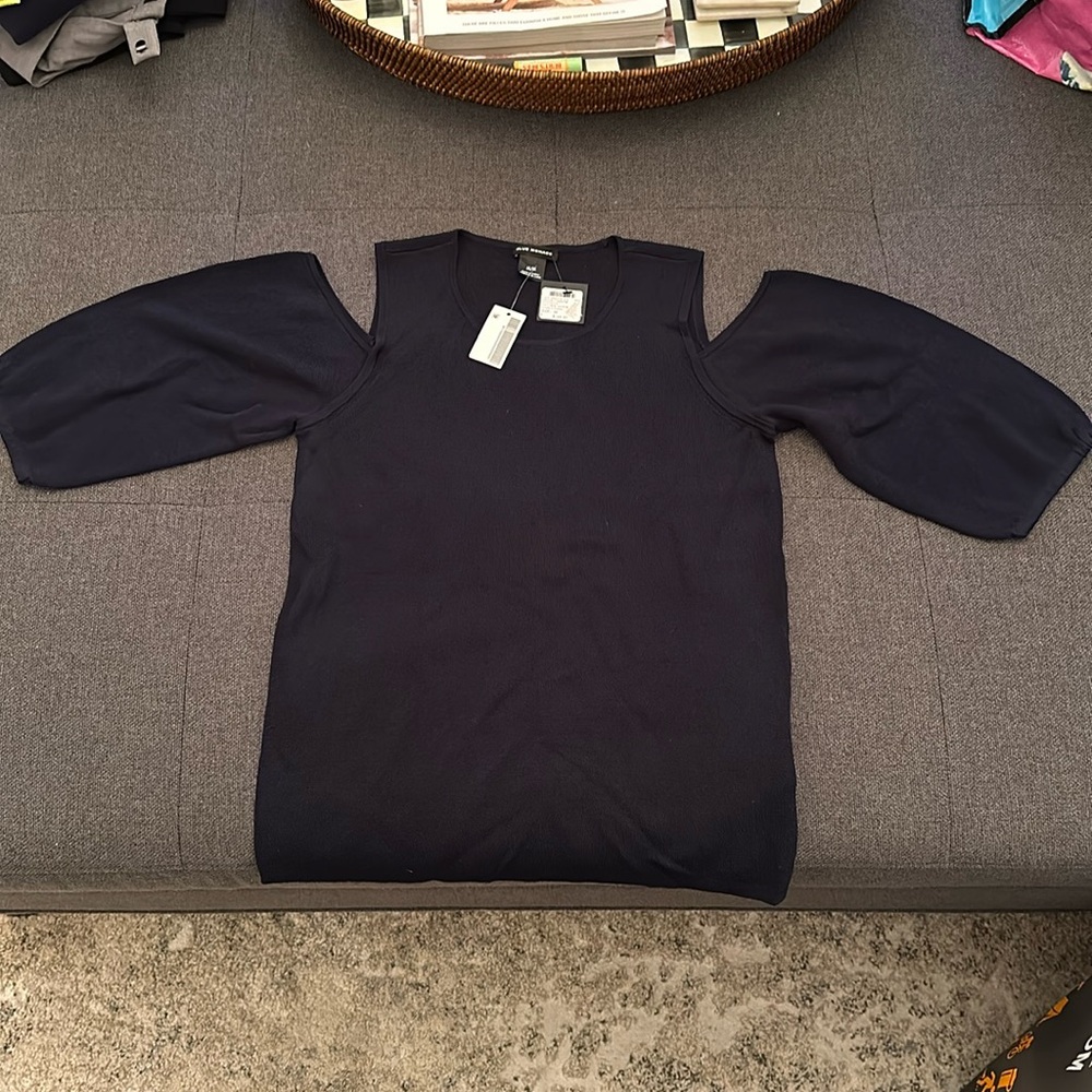 Club Monaco navy sweater with cut out sleeves. NWT. Size medium